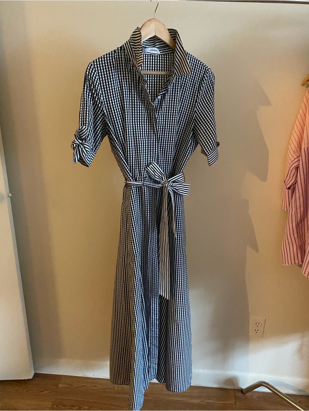 Calvin Klein Black and White Gingham Midi Dress with striped sleeves and belt